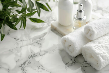 Fototapeta na wymiar Spa treatment accessories, towels and cosmetic bottles on marble table