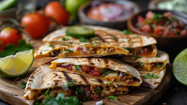 Savory Cheese Quesadillas On Wooden Board, Filled With Melted Cheese And Vegetables, Cilantro Garnish, Lime Wedge, Mexican Cuisine Concept, AI Generated