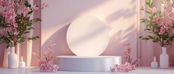 Pink floral showcase for cosmetic product presentation.Scene with round frame,circle podium or pedestal,surreal flowers in trendy pastel color. Shadows effect.Skin Care, makeup concept. Generative ai