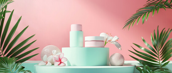 Pink pastel cosmetic mockup. Banner with cream jar, container, serum bottle, flowers and leaf.  Skin Care beauty concept. Showcase for product presentation. Ads background. Generative ai