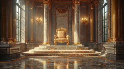 Experience the grandeur of a majestic throne podium set against a royal court backdrop, perfect for showcasing luxury home decor.