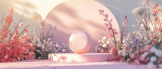 Pink floral showcase for cosmetic product presentation.Scene with round frame,circle podium or pedestal,surreal flowers in trendy pastel color. Shadows effect.Skin Care, makeup concept. Generative ai - obrazy, fototapety, plakaty