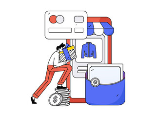 Holiday shopping people doing e-commerce online shopping flat vector concept operation hand drawn illustration
