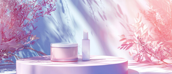 Pink pastel cosmetic mockup. Banner with cream jar, container, serum bottle, flowers and leaf.  Skin Care beauty concept. Showcase for product presentation. Ads background. Generative ai