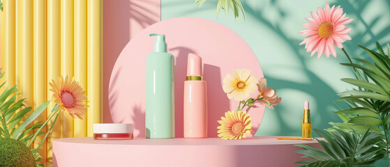 Cosmetic floral mockup. Banner with cream jar, container, bottle. Skin Care, make up beauty concept. Showcase for product presentation. Ads background. Generative ai