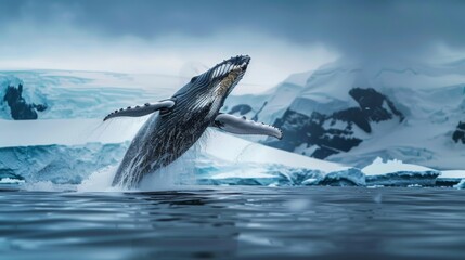 A humpback whale is captured in mid-air as it jumps out of the water, showcasing its impressive size and strength. The whales body is partially visible, with water splashing around it, highlighting