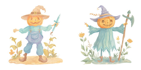 Fototapeta premium cute pumpkin head scarecrow holding dagger watercolour vector illustration