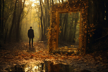 Mystical Autumn Walk through a Mirror Portal - obrazy, fototapety, plakaty