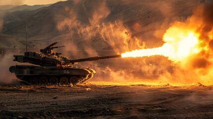 A tank releases a massive amount of fire from its cannon, showcasing its power and destruction potential. The flames engulf the area around the tank, emitting intense heat and a menacing presence.