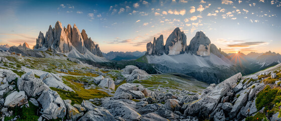 Majestic Peaks A Panoramic Mountain Display of Nature's Grandeur at Dusk Wallpaper Background Poster Digital Art