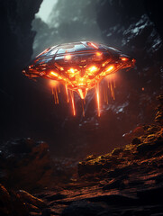 Glowing alien, mysterious air, abandoned spaceship scene, 3D render, Spotlight, Bokeh effect