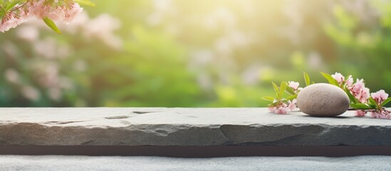 An image of a stone with a delicate flower resting on it, placed on a narrow ledge - obrazy, fototapety, plakaty