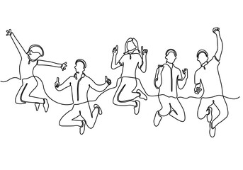 Fototapeta na wymiar Drawing a continuous line of young people jumping from happiness. The concept of joy, pleasure, success in business. Victory. Company `s logo.