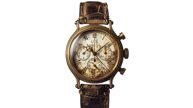 A vintage-inspired timepiece, its aged patina and classic design evoking a sense of nostalgia while remaining effortlessly chic.