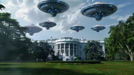 Multiple flying Aliens (UFO) saucers are hovering over a white house, with a clear sky in the background. The saucers appear to be in formation, with lights flickering on their metallic surfaces.
