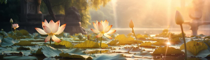 Foto op Plexiglas Lotus Flower, Meditation, Tranquility, In a serene garden, Calm weather, Realistic, Soft golden hour light, Depth of field bokeh effect © Xistudio