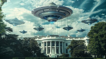 A white house is depicted with numerous Aliens (UFO) objects flying in the sky above it. The scene is filled with motion and various shapes moving through the air.