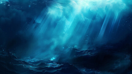 Underwater Serenity: Sunlight Piercing Through Ocean Depths - obrazy, fototapety, plakaty