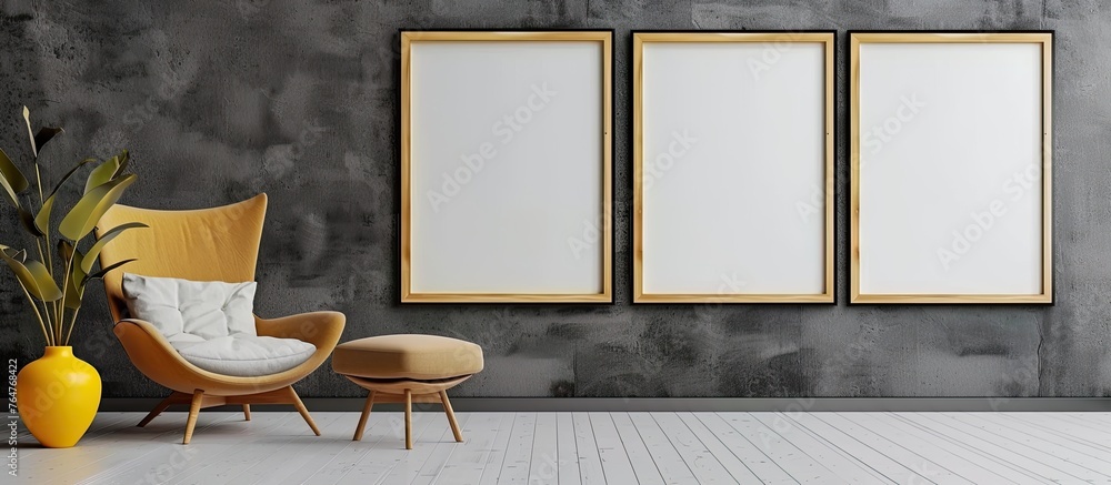 Aufkleber a mock poster template is displayed on the textured wall in a room, showcasing a blank design for cu
