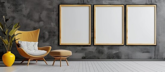 A mock poster template is displayed on the textured wall in a room, showcasing a blank design for customization