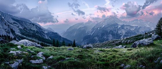 Majestic Peaks A Panoramic Mountain Display of Nature's Grandeur at Dusk Wallpaper Background Digital Art Poster