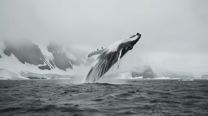 A humpback whale is seen leaping out of the water, showcasing its immense size and power as it breaches the surface of the ocean.