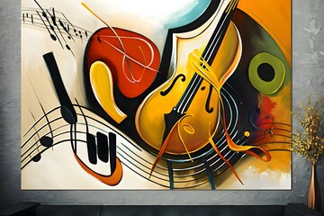 Colorful abstract painting with violin and notes on wall. Music concept