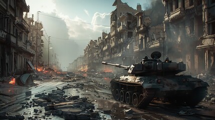 A tank is seen in the middle of a demolished city street, showcasing the aftermath of war or conflict. The street is littered with debris, rubble, and damaged buildings, highlighting the destruction - obrazy, fototapety, plakaty
