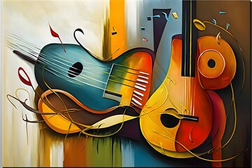 Abstract Colorful Music Background with Acoustic Guitar and Musical Instruments.