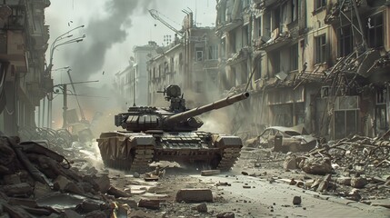 A tank is seen parked in the middle of a street, creating a stark juxtaposition against the urban landscape. Its imposing presence commands attention and raises questions about its purpose and context - obrazy, fototapety, plakaty