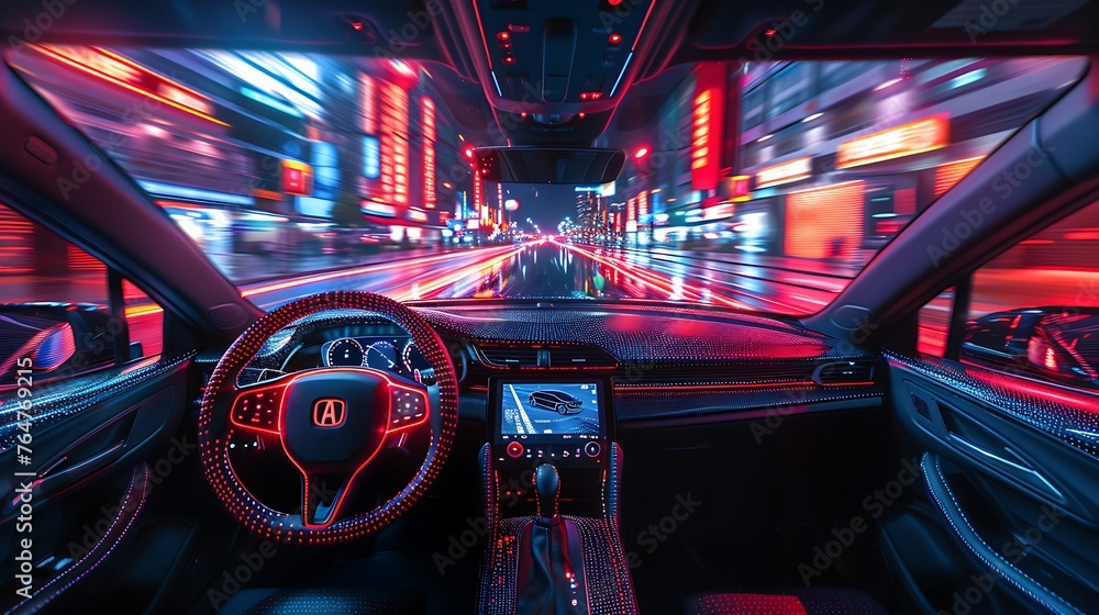 Wall mural photo steering wheel interior dashboard inside close up, high speed blur motion ai image generative