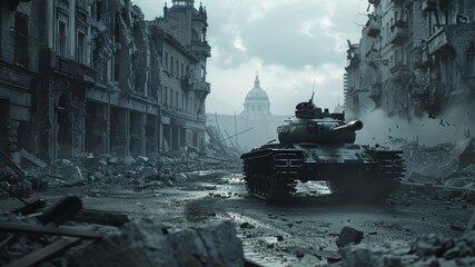 A tank is seen in the middle of a city street that has been severely damaged. The scene is chaotic, showing the aftermath of destruction and conflict.