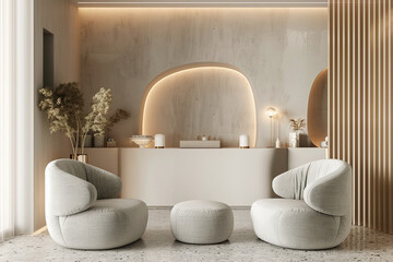 Waiting area of beauty salon with reception desk and cozy armchairs