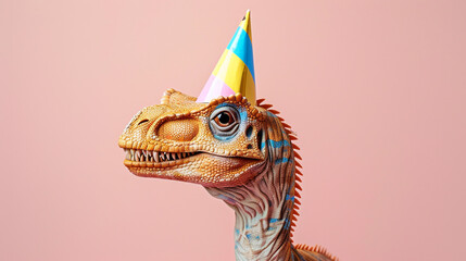 Funny dinosaur in birthday cap. Happy birthday concept.