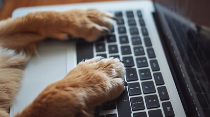 Dog paw with laptop. 