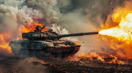 A tank is shown in the midst of battle, fiercely firing its main gun with a massive burst of flames engulfing its surroundings. - obrazy, fototapety, plakaty