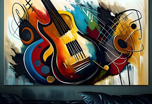 Illustration of musical instruments on a wall. 3D rendering.