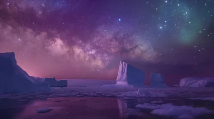 Fotobehang A breathtaking polar landscape under a starry night sky with mystical hues of pink and purple. © cherezoff