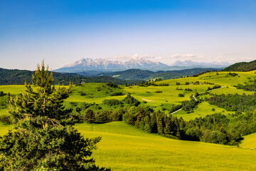 Beautiful panorama of the Pass over Tokarnia. Slovakia. View of the Tatra Mountains.