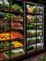 Obraz premium Fresh fruits and vegetables on supermarket shelves