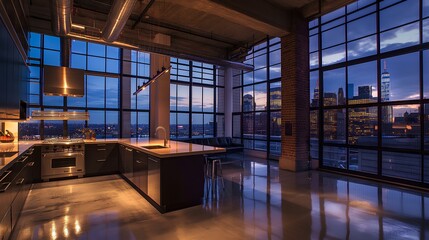 soft twilight glow envelops an urban kitchen, lustrous reflections on polished concrete floors, industrial chic, expansive windows frame the cityscape, tranquil respite in the city. generative AI