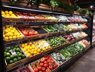 Obraz premium Fresh fruits and vegetables on supermarket shelves