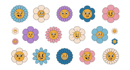 Groovy flower sticker set in trendy retro psychedelic style. Funny flowers characters with faces. Vector illustration isolated on a white background.