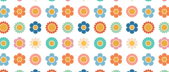 Seamless pattern with colorful flowers in flat style. Groovy daisies. Vector illustration