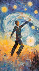 A man in a suit jumping in the sky. Illustration.