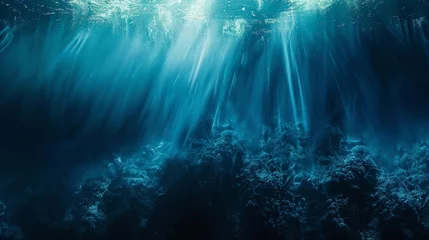 Fotobehang Aquatic Elegance: Deep Sea Light Rays Filtering Through Ocean Water © Farnaces