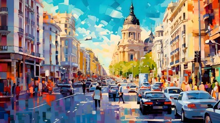 Fototapeta na wymiar Digital painting of a street in Madrid, Spain, with people walking