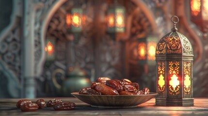 Fototapeta na wymiar Ramadan concept. Dates close-up in the foreground. Ramadan Lanterns and a bowl of date on a wooden table. wall background. Space for text on the right. iftar concept image. Ramadan kareem 3d image.