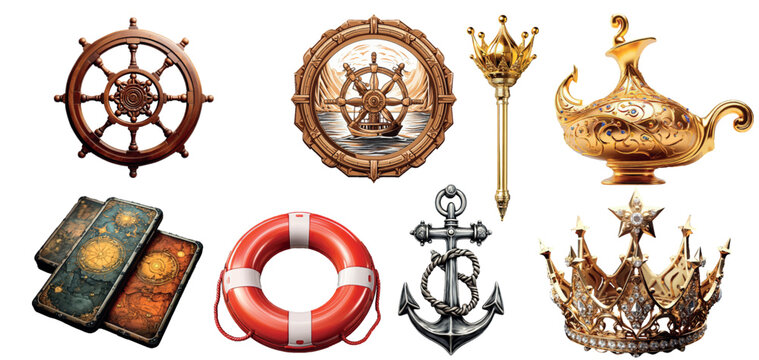 Collection of Nautical and Royal Elements Including Ship Wheel, Anchor, Crown, and More for Diverse Design