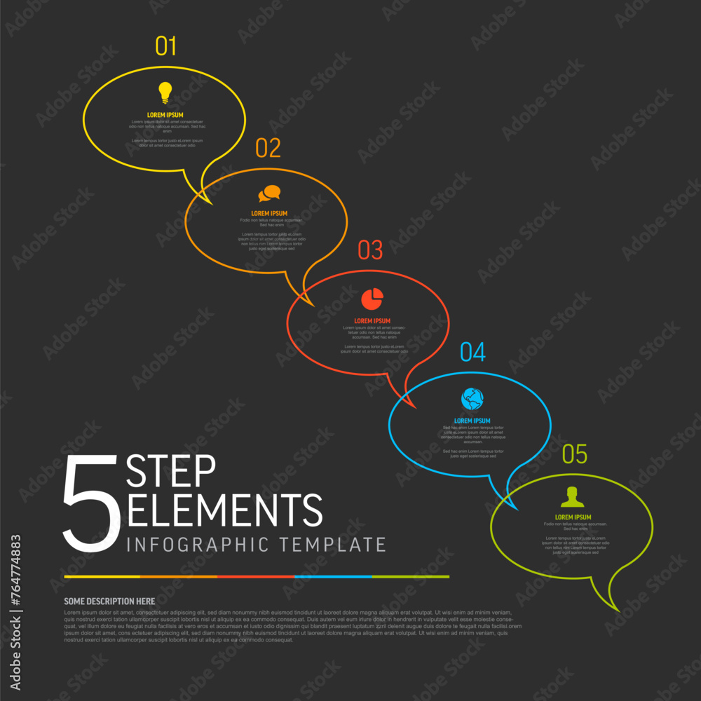 Poster five thin line simple colorful dark steps in speech bubbles diagonal process infographic template